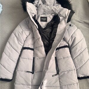 Guess Light Gray Puffer Jacket with Black Accents